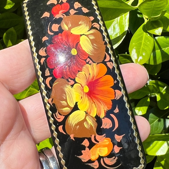 Vintage Russian Lacquer Hand painted Floral Yellow Orange Red Barrette Hair Clip main image 14